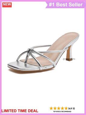 Square Toe Strappy Kitten Heel Thong Sandals Slip On Mule Heels